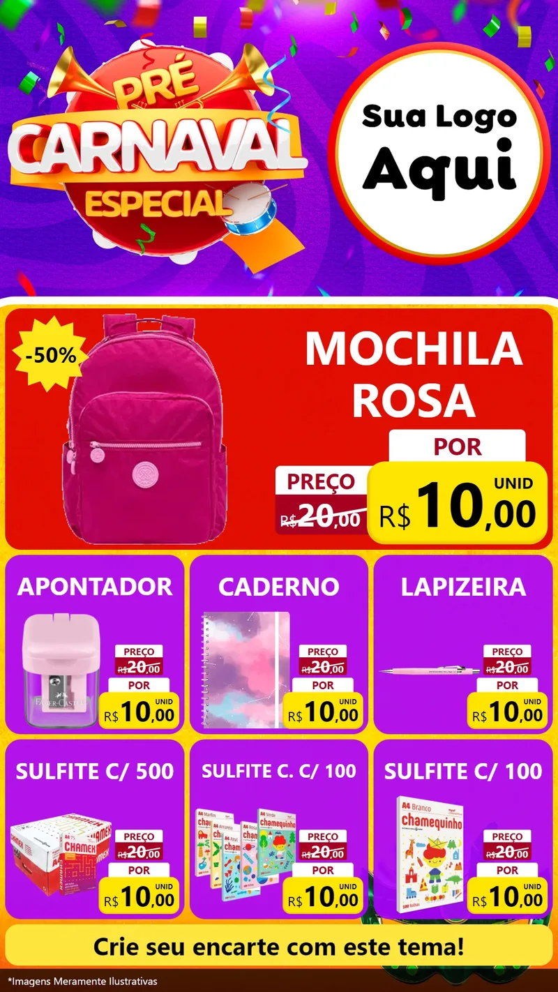 Modelo de Rede Social para Stories com o tema Pré-Carnaval Especial para Papelaria