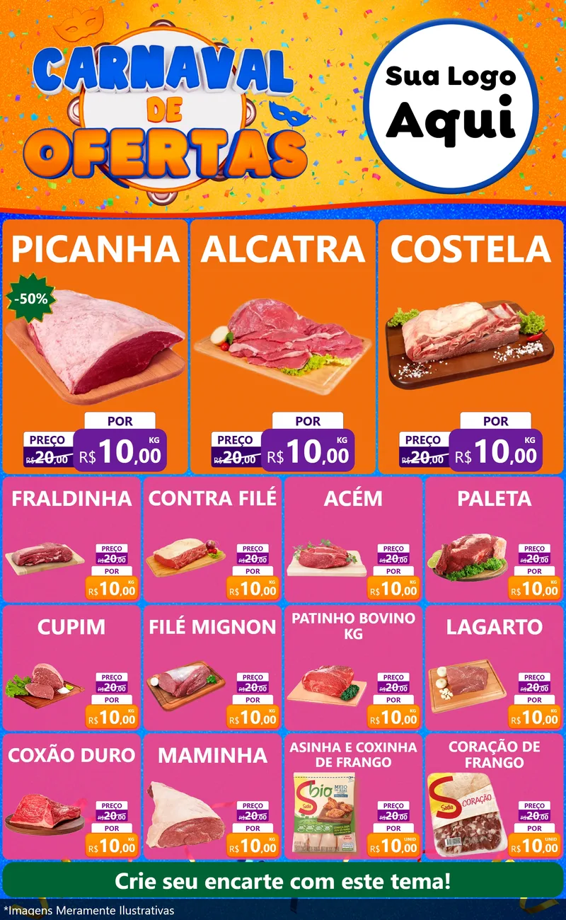 Modelo de Encarte para Encarte Grande com o tema Carnaval de Ofertas para Açougue