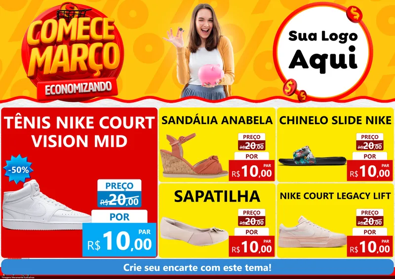 Modelo de Encarte para Encarte A4 Horizontal com o tema Comece Março Economizando para Calçados
