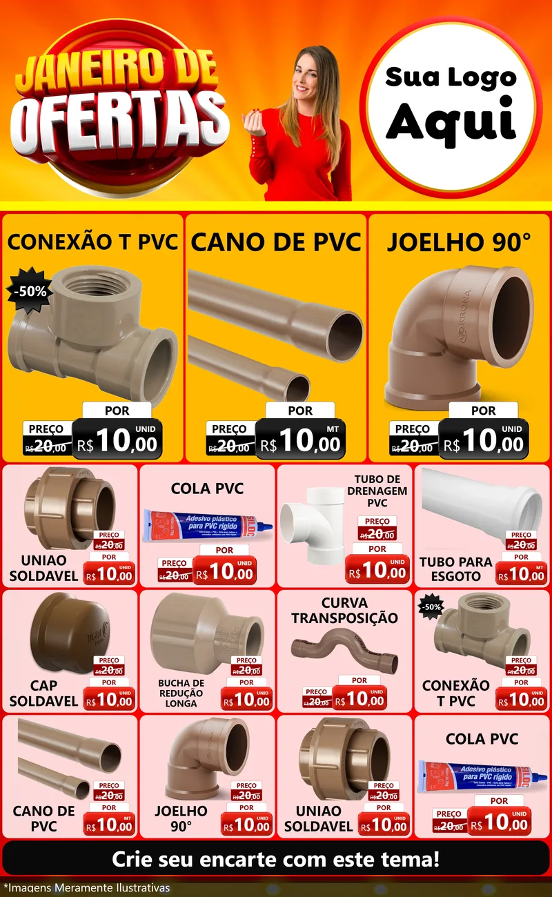 Modelo de Encarte para Encarte Grande com o tema Janeiro de Ofertas para Tubos e conexões