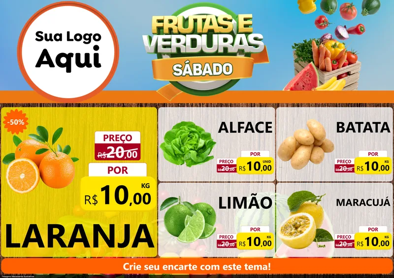 Modelo de Encarte para Encarte A4 Horizontal com o tema Frutas e Verduras Sábado para Hortifrúti
