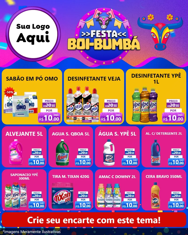 Modelo de Rede Social para Feed Instagram com o tema Festa Boi-Bumbá para Produtos de Limpeza