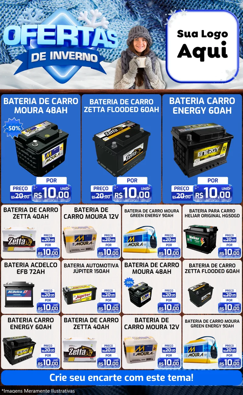 Modelo de Encarte para Encarte Grande com o tema Ofertas de Inverno para Baterias Elétricas