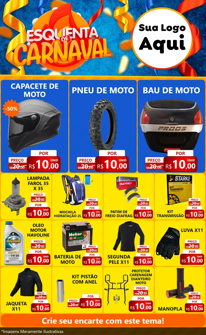 Modelo de Encarte para Encarte Grande com o tema Esquenta de Carnaval para Moto peças