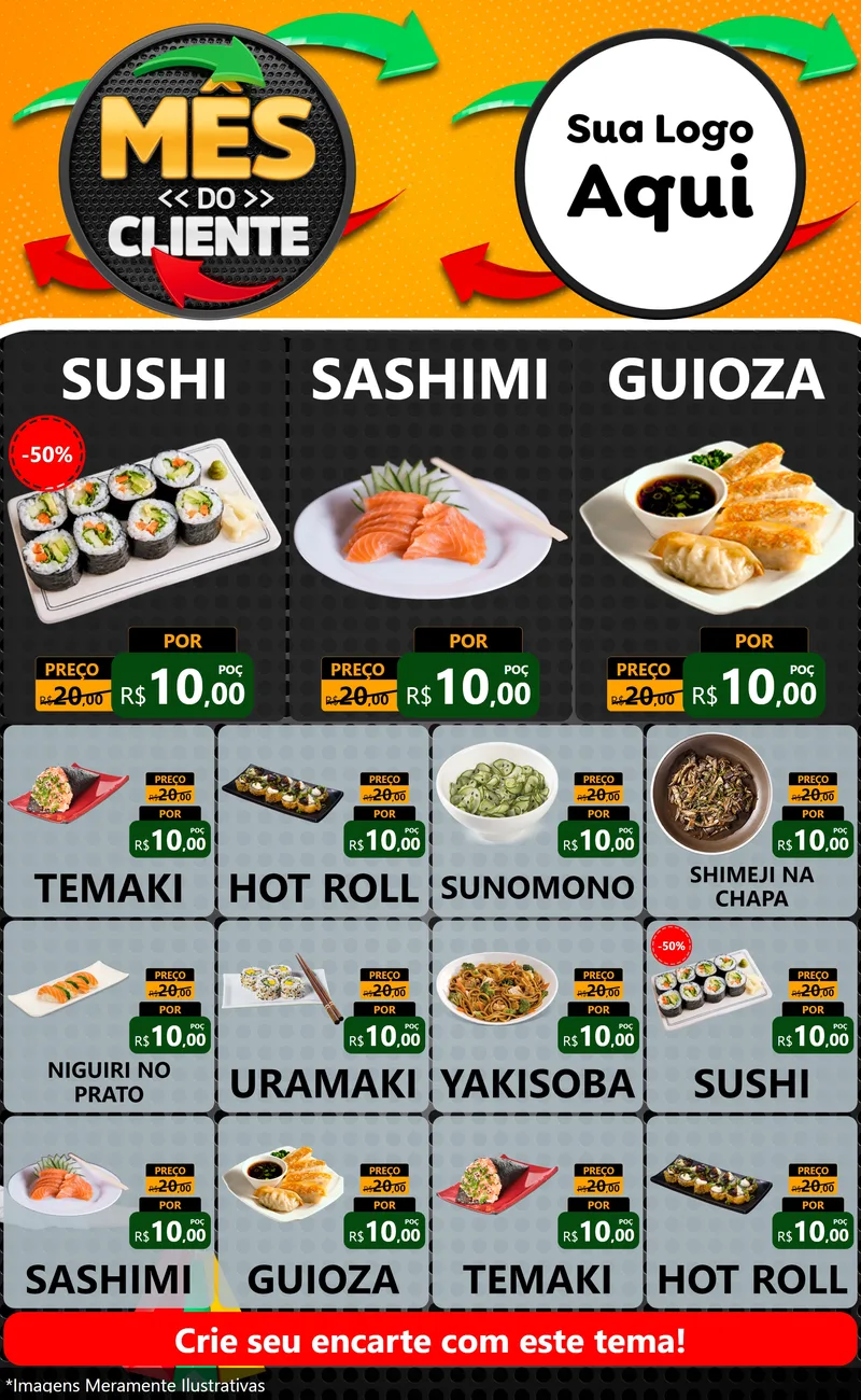 Modelo de Encarte para Encarte Grande com o tema Mês do Cliente para Comida japonesa