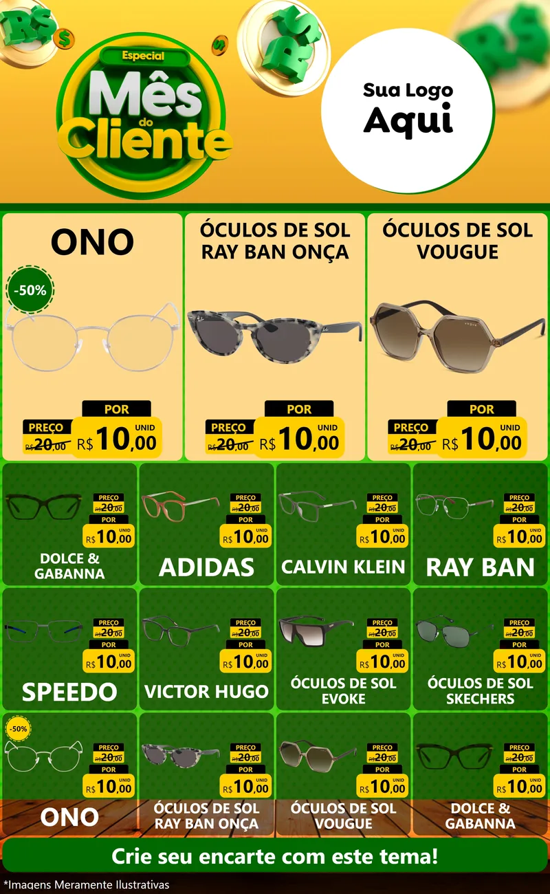 Modelo de Encarte para Encarte Grande com o tema Especial Mês do Cliente para Óticas