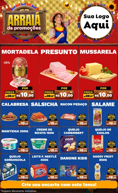 Modelo de Encarte para Encarte Grande com o tema Arraiá de Promoções para Frios e Laticínios