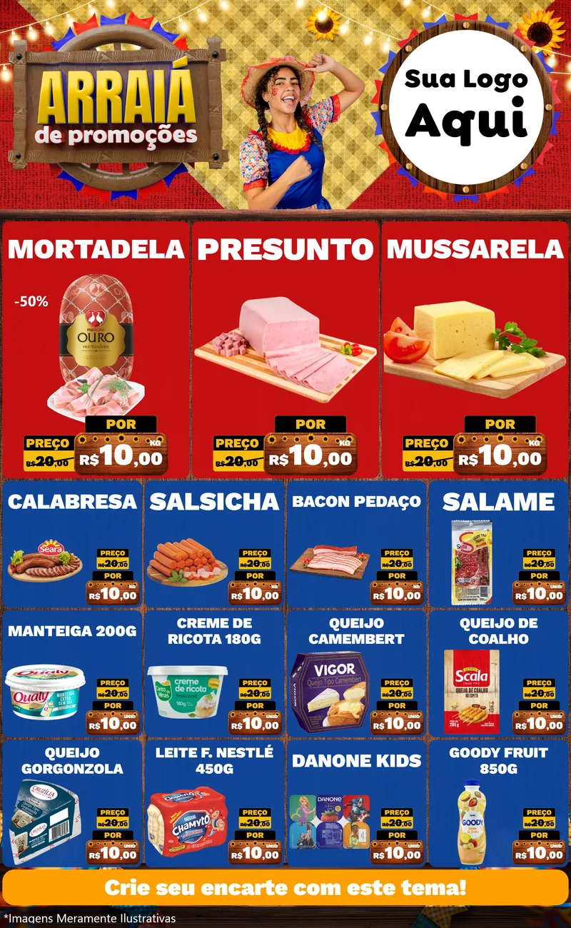 Modelo de Encarte para Encarte Grande com o tema Arraiá de Promoções para Frios e Laticínios