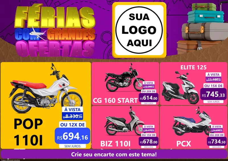 Modelo de Encarte para Encarte A4 Horizontal com o tema Férias com Grandes Ofertas para Concessionaria de Motos