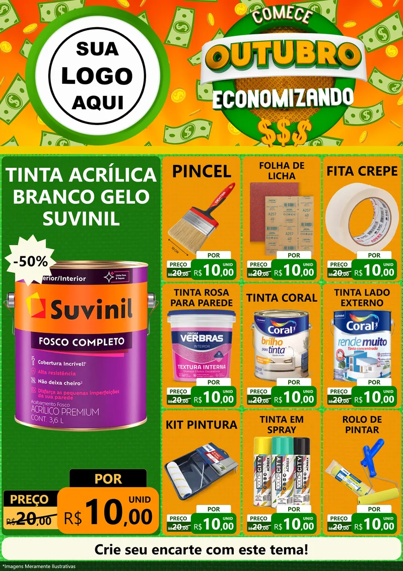 Modelo de Encarte para Encarte A4 Vertical com o tema Comece Outubro Economizando para Tintas e Ferramentas