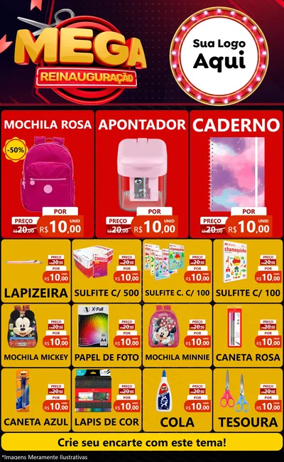 Modelo de Encarte para Encarte Grande com o tema Mega Reinauguração para Papelaria