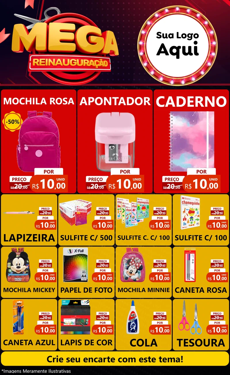 Modelo de Encarte para Encarte Grande com o tema Mega Reinauguração para Papelaria
