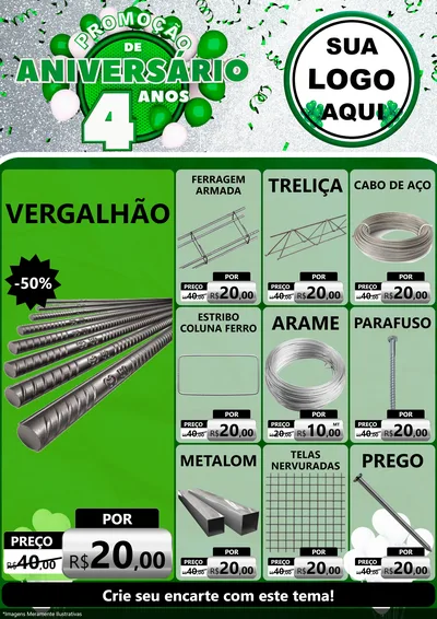 Modelo de Encarte para Encarte A4 Vertical com o tema Promoção de Aniversário - 4 Anos para Ferragens