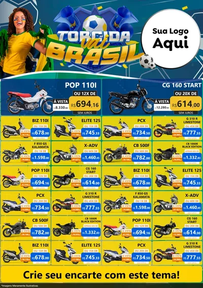 Modelo de Encarte para Encarte A4 Vertical com o tema Torcida Vai Brasil - Copa para Concessionaria de Motos