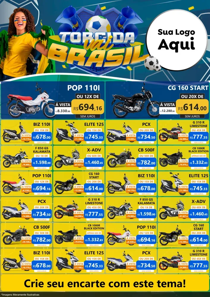 Modelo de Encarte para Encarte A4 Vertical com o tema Torcida Vai Brasil - Copa para Concessionaria de Motos