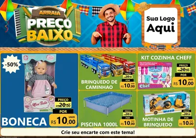 Modelo de Encarte para Encarte A4 Horizontal com o tema Arraiá de Preço Baixo - Junina para Brinquedos
