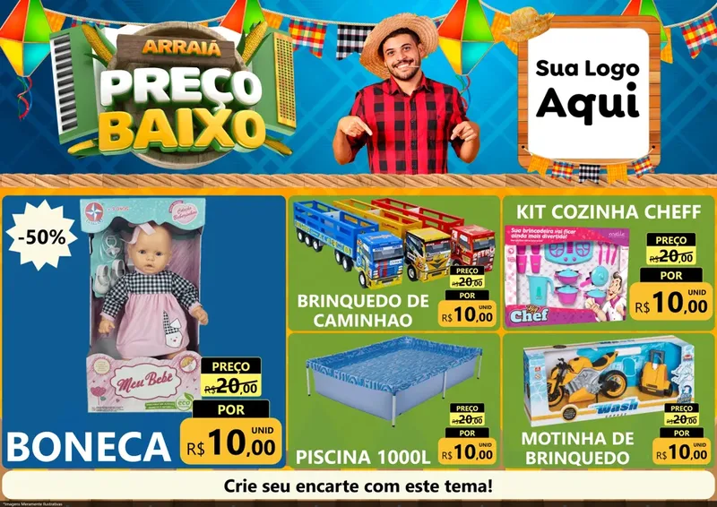 Modelo de Encarte para Encarte A4 Horizontal com o tema Arraiá de Preço Baixo - Junina para Brinquedos