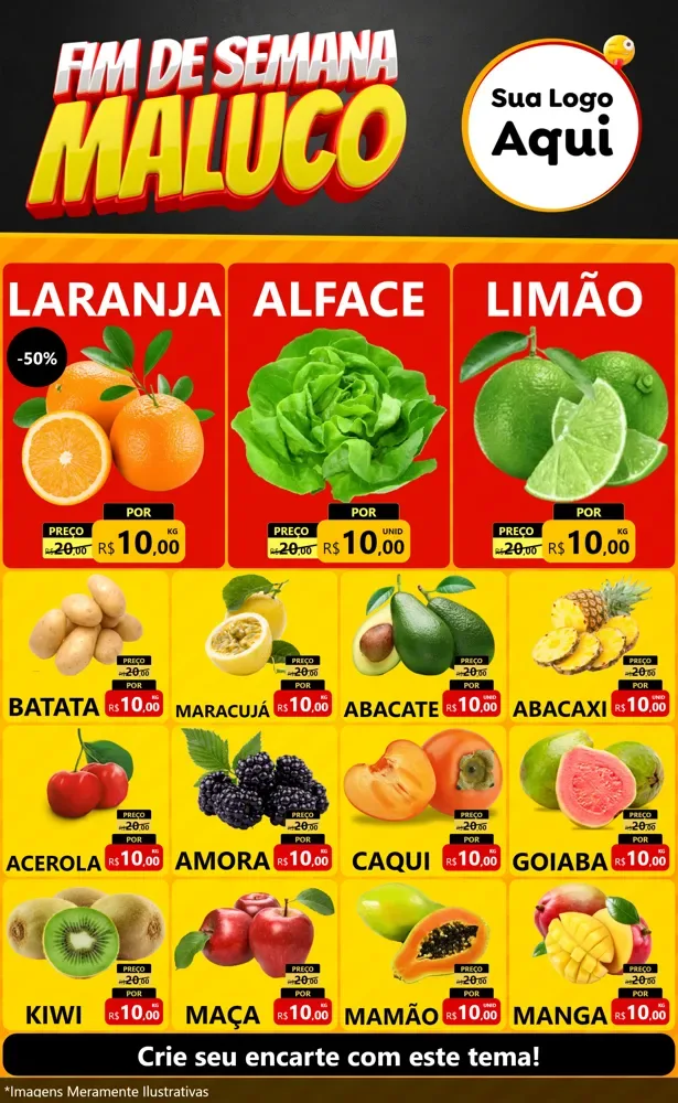 Modelo de Encarte para Encarte Grande com o tema Final de Semana Maluco para Hortifrúti