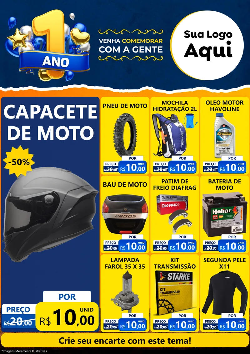 Modelo de Encarte para Encarte A4 Vertical com o tema Um Ano de Aniversário para Moto peças
