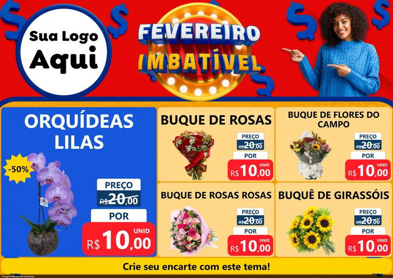 Modelo de Encarte para Encarte A4 Horizontal com o tema Fevereiro Imbatível para Floricultura e jardim