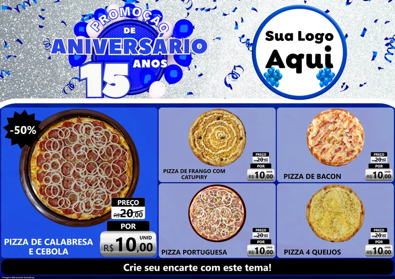 Modelo de Encarte para Encarte A4 Horizontal com o tema Promoção de Aniversário - 15 Anos para Pizzaria