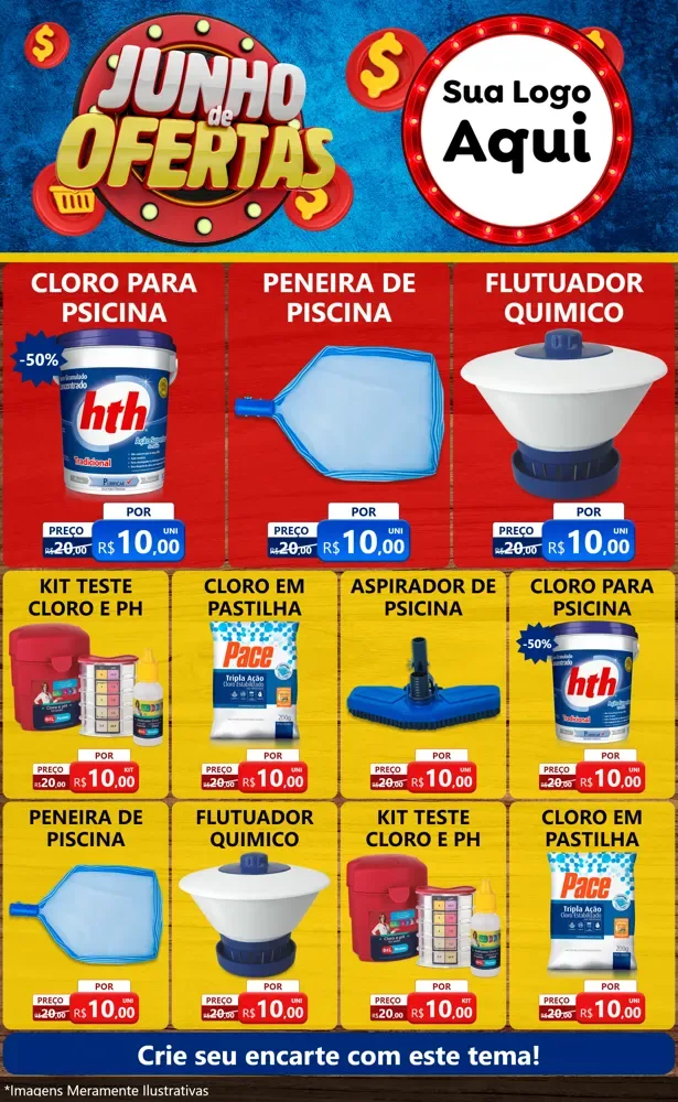 Modelo de Encarte para Encarte Grande com o tema Junho de Ofertas para Produtos para Piscina