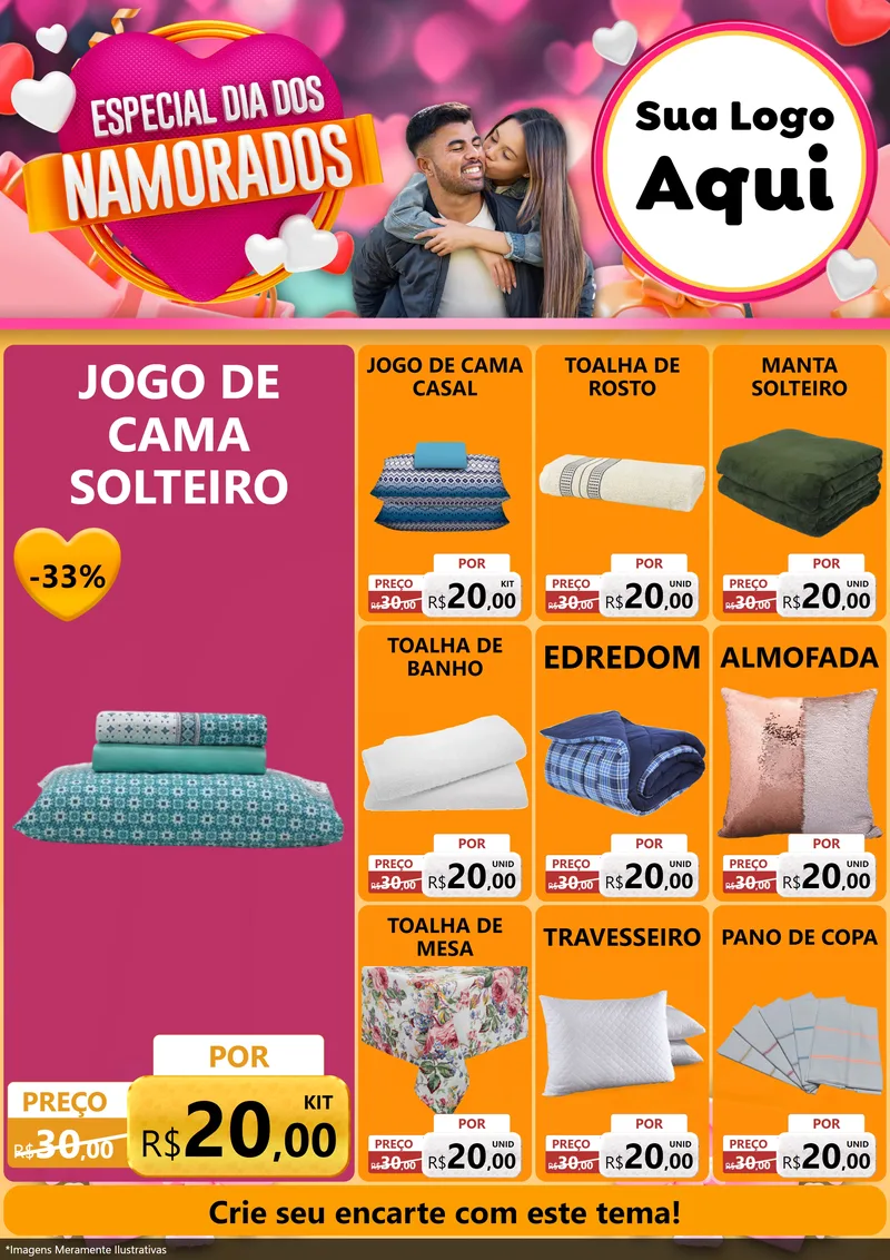 Modelo de Encarte para Encarte A4 Vertical com o tema Especial Dia dos Namorados para Cama, Mesa e Banho