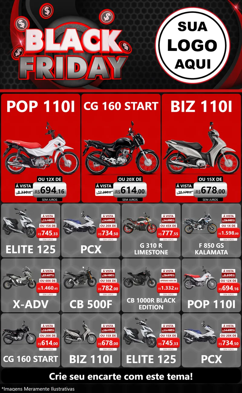 Modelo de Encarte para Encarte Grande com o tema Black Friday para Concessionaria de Motos