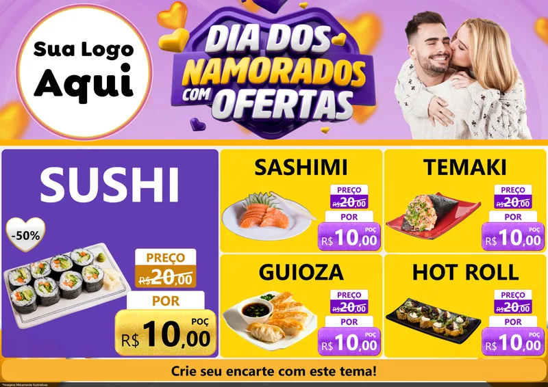 Modelo de Encarte para Encarte A4 Horizontal com o tema Dia Dos Namorados Com Ofertas para Comida japonesa