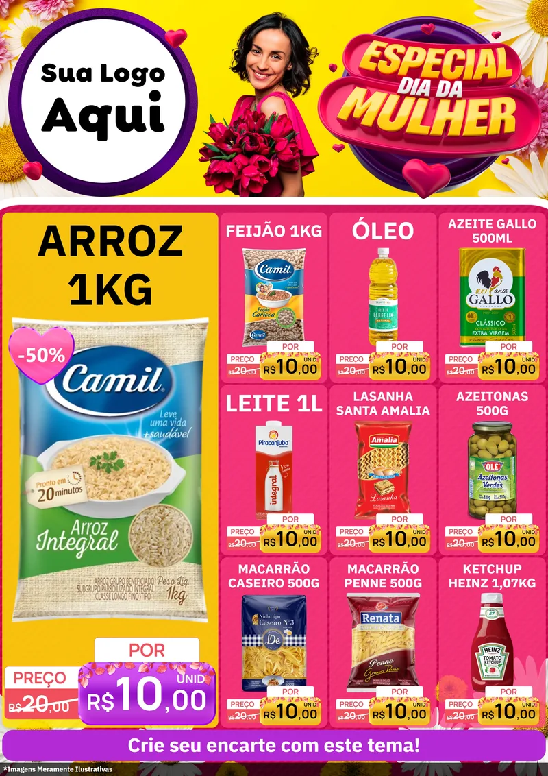 Modelo de Encarte para Encarte A4 Vertical com o tema Especial Dia da Mulher para Supermercado