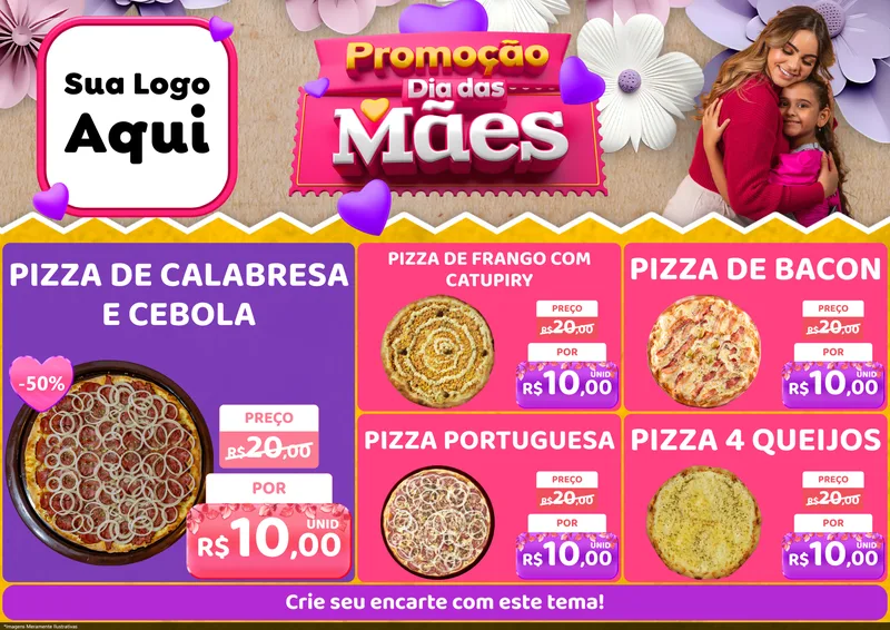 Modelo de Encarte para Encarte A4 Horizontal com o tema Promoção Dia das Mães para Pizzaria