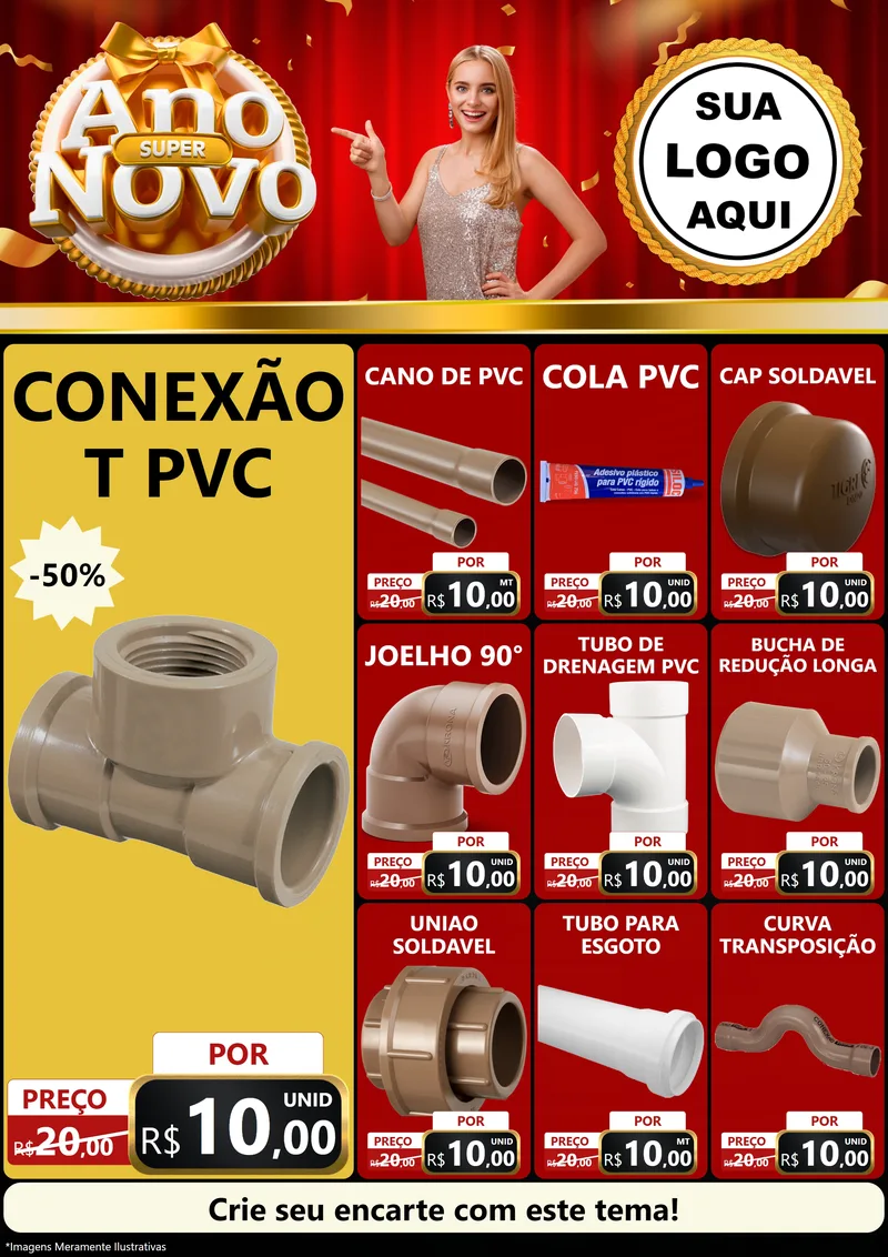 Modelo de Encarte para Encarte A4 Vertical com o tema Super Ano Novo para Tubos e conexões