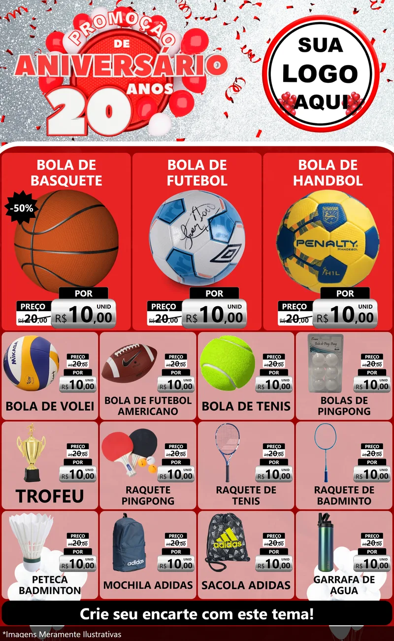 Modelo de Encarte para Encarte Grande com o tema Promoção de Aniversário - 20 Anos para Artigos Esportivos