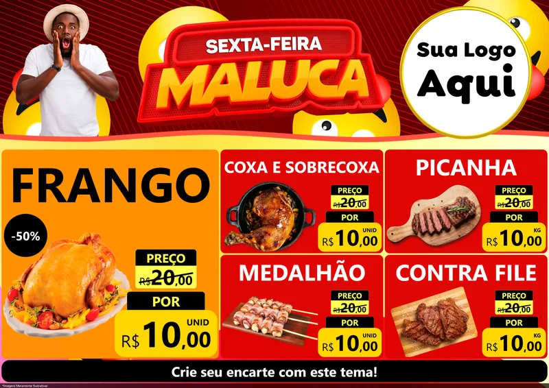 Modelo de Encarte para Encarte A4 Horizontal com o tema Sexta-feira Maluca para Assados