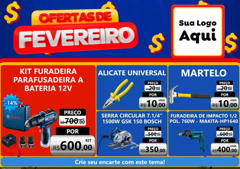 Modelo de Encarte para Encarte A4 Horizontal com o tema Ofertas de Fevereiro para Maquinas e Ferramentas