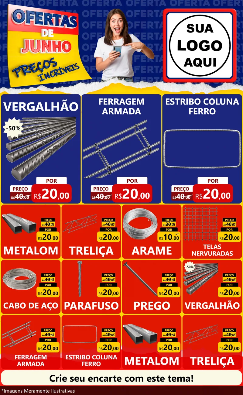 Modelo de Encarte para Encarte Grande com o tema Ofertas de Junho - Preços Incríveis para Ferragens