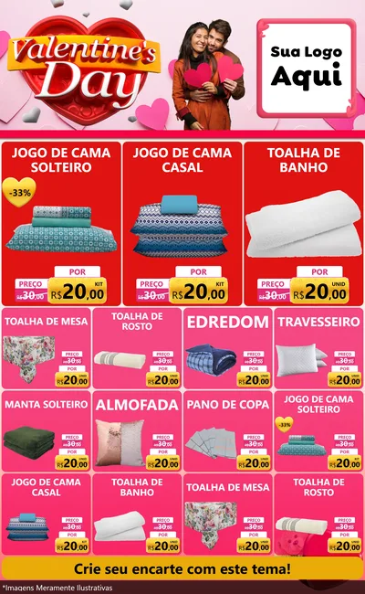 Modelo de Encarte para Encarte Grande com o tema Valentine's Day para Cama, Mesa e Banho
