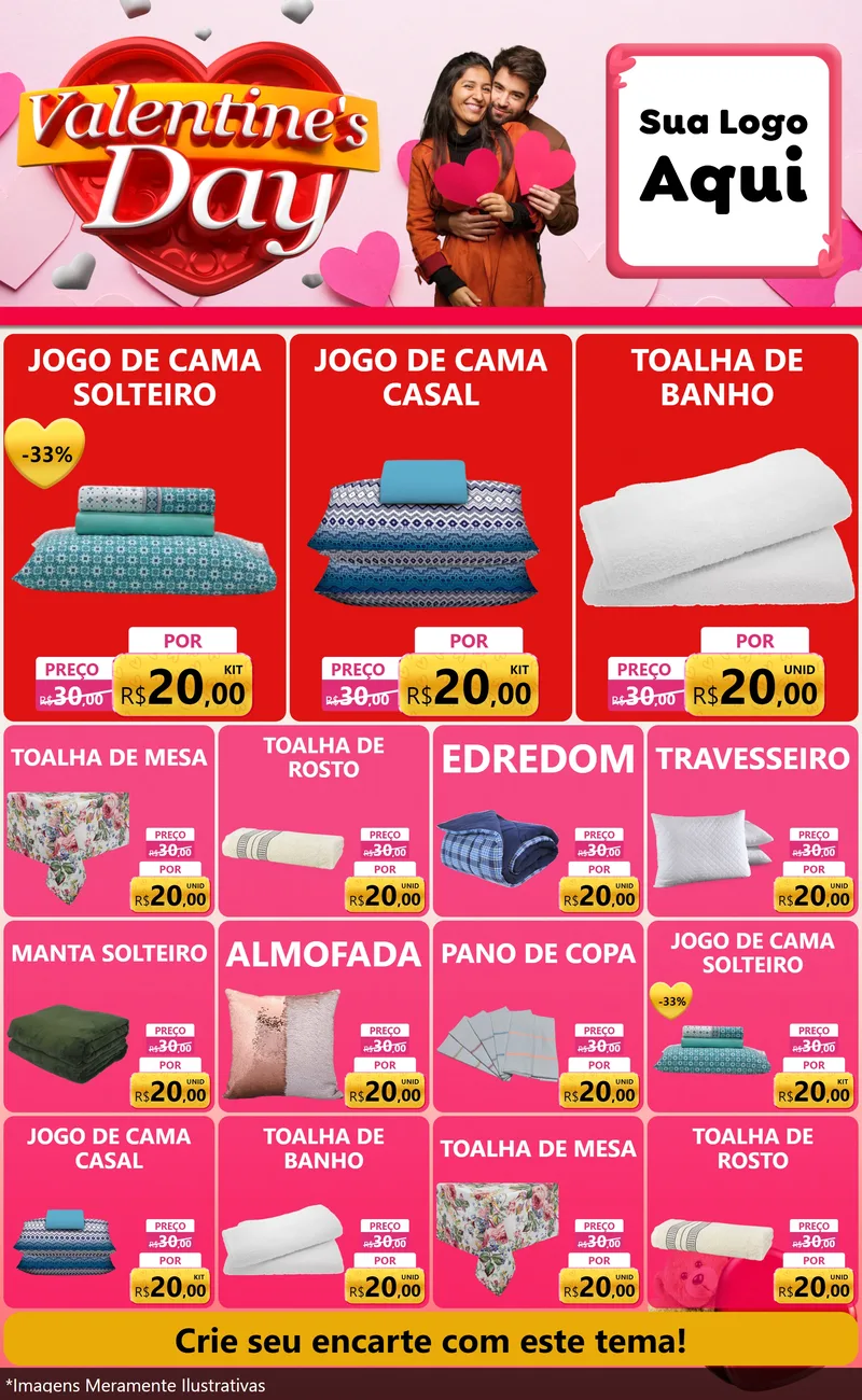 Modelo de Encarte para Encarte Grande com o tema Valentine's Day para Cama, Mesa e Banho
