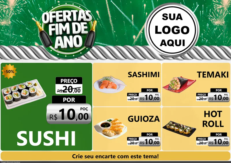 Modelo de Encarte para Encarte A4 Horizontal com o tema Ofertas Fim de Ano para Comida japonesa