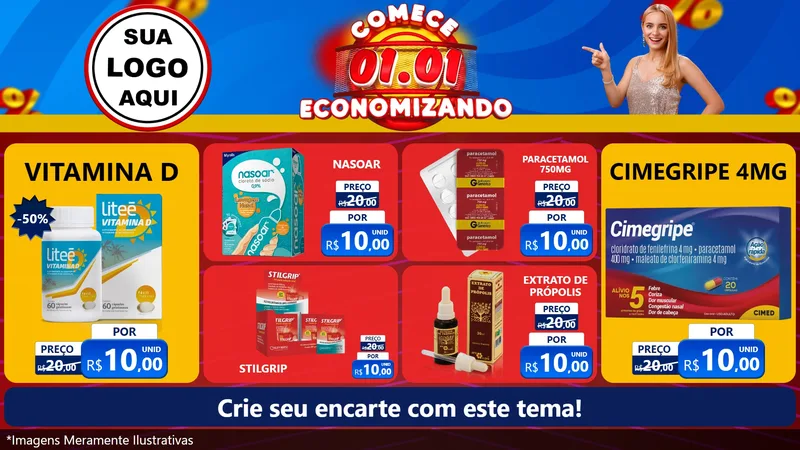 Modelo de TV para TV Horizontal com o tema Comece 1º de Janeiro Economizando para Farmácia
