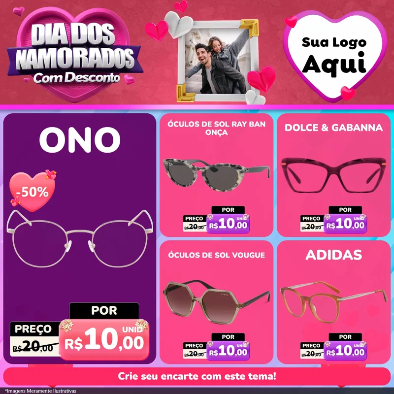 Modelo de Rede Social para Feed Facebook com o tema Dia Dos Namorados Com Desconto para Óticas