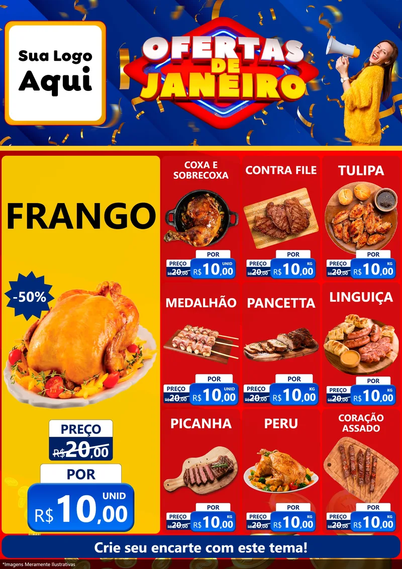 Modelo de Encarte para Encarte A4 Vertical com o tema Ofertas de Janeiro para Assados