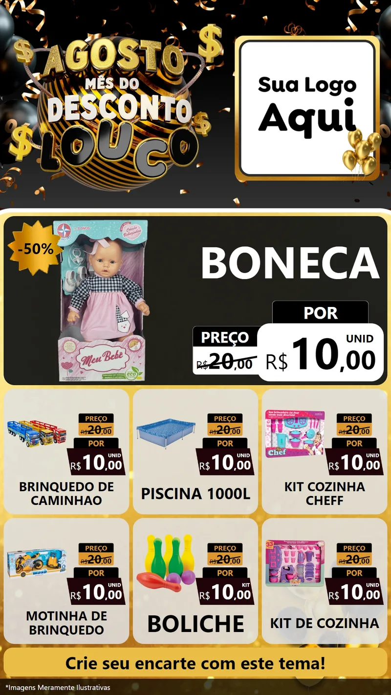 Modelo de Rede Social para Stories com o tema Agosto Mês do Desconto Louco para Brinquedos