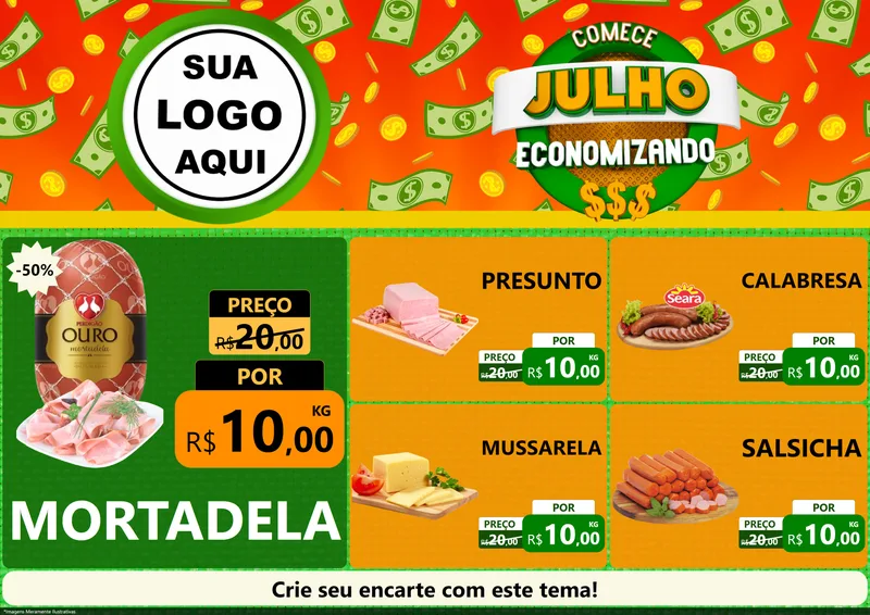 Modelo de Encarte para Encarte A4 Horizontal com o tema Comece Julho Economizando para Frios e Laticínios
