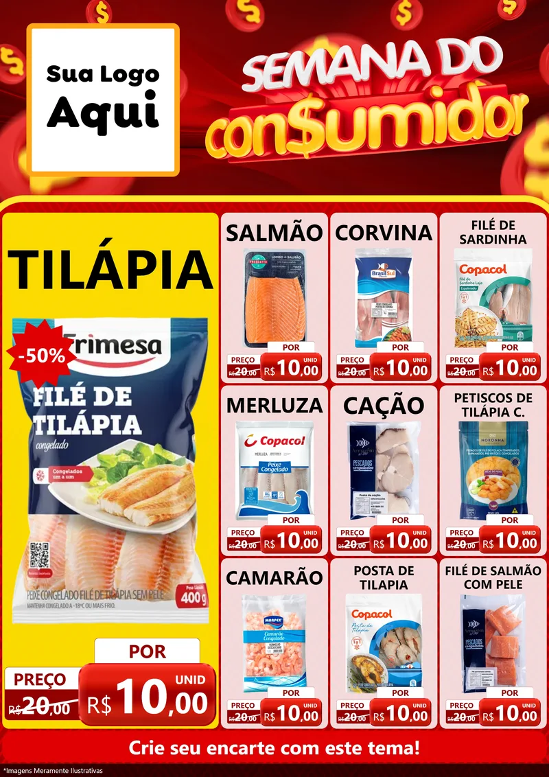 Modelo de Encarte para Encarte A4 Vertical com o tema Semana do Consumidor para Peixaria