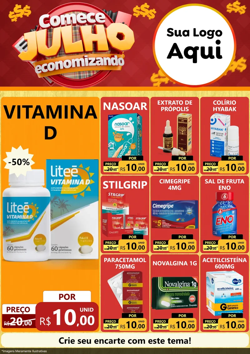 Modelo de Encarte para Encarte A4 Vertical com o tema Comece Julho Economizando para Farmácia