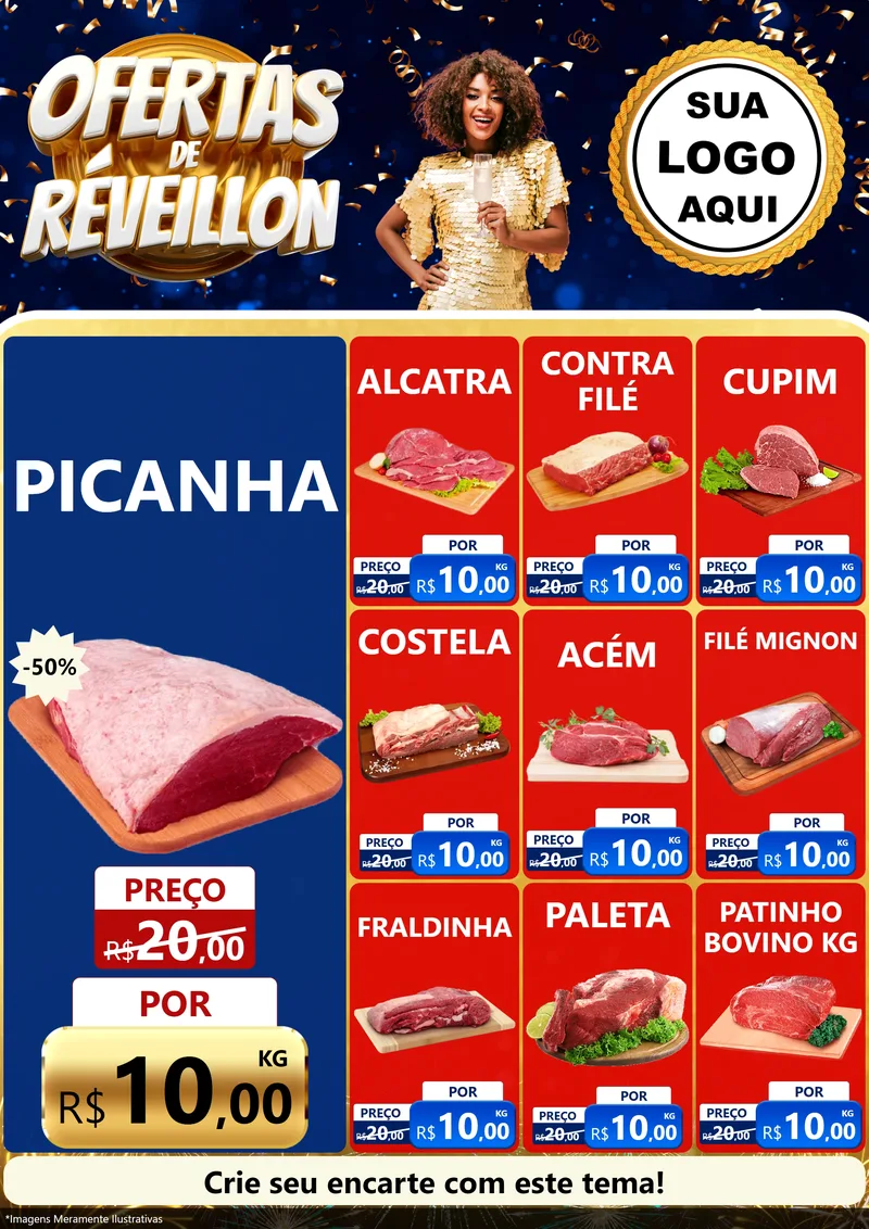 Modelo de Encarte para Encarte A4 Vertical com o tema Ofertas de Réveillon para Açougue