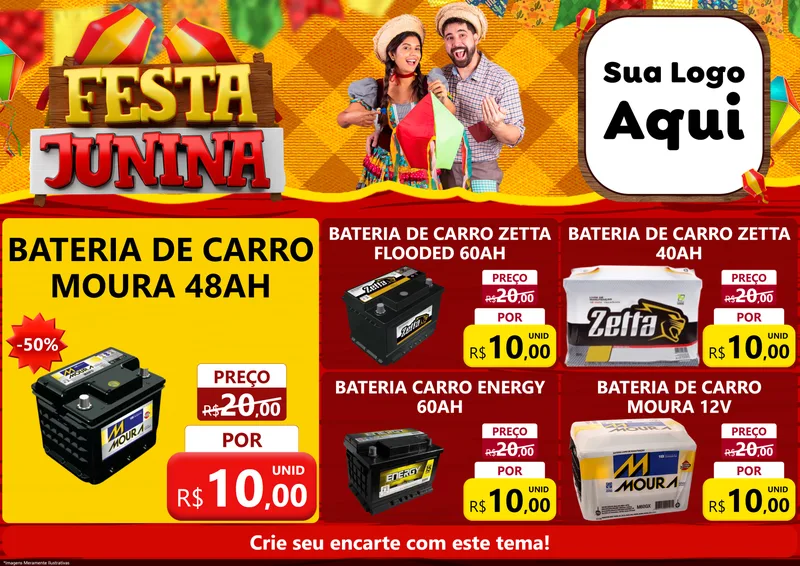 Modelo de Encarte para Encarte A4 Horizontal com o tema Festa Junina para Baterias Elétricas
