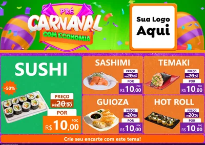 Modelo de Encarte para Encarte A4 Horizontal com o tema Pré-Carnaval Com Economia para Comida japonesa