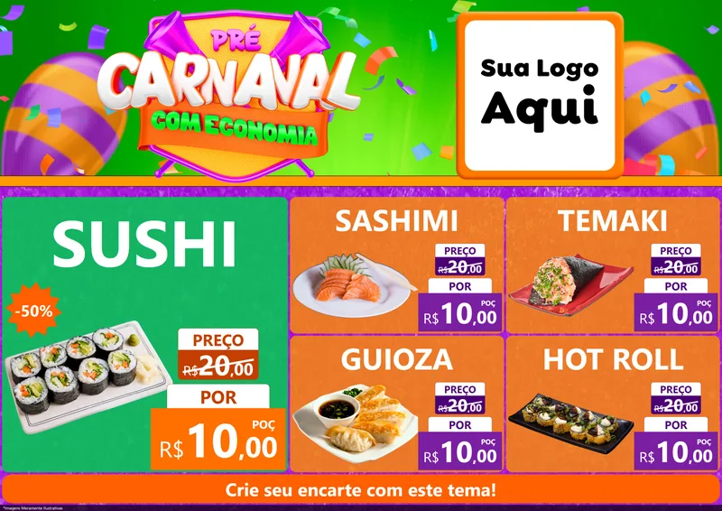 Modelo de Encarte para Encarte A4 Horizontal com o tema Pré-Carnaval Com Economia para Comida japonesa